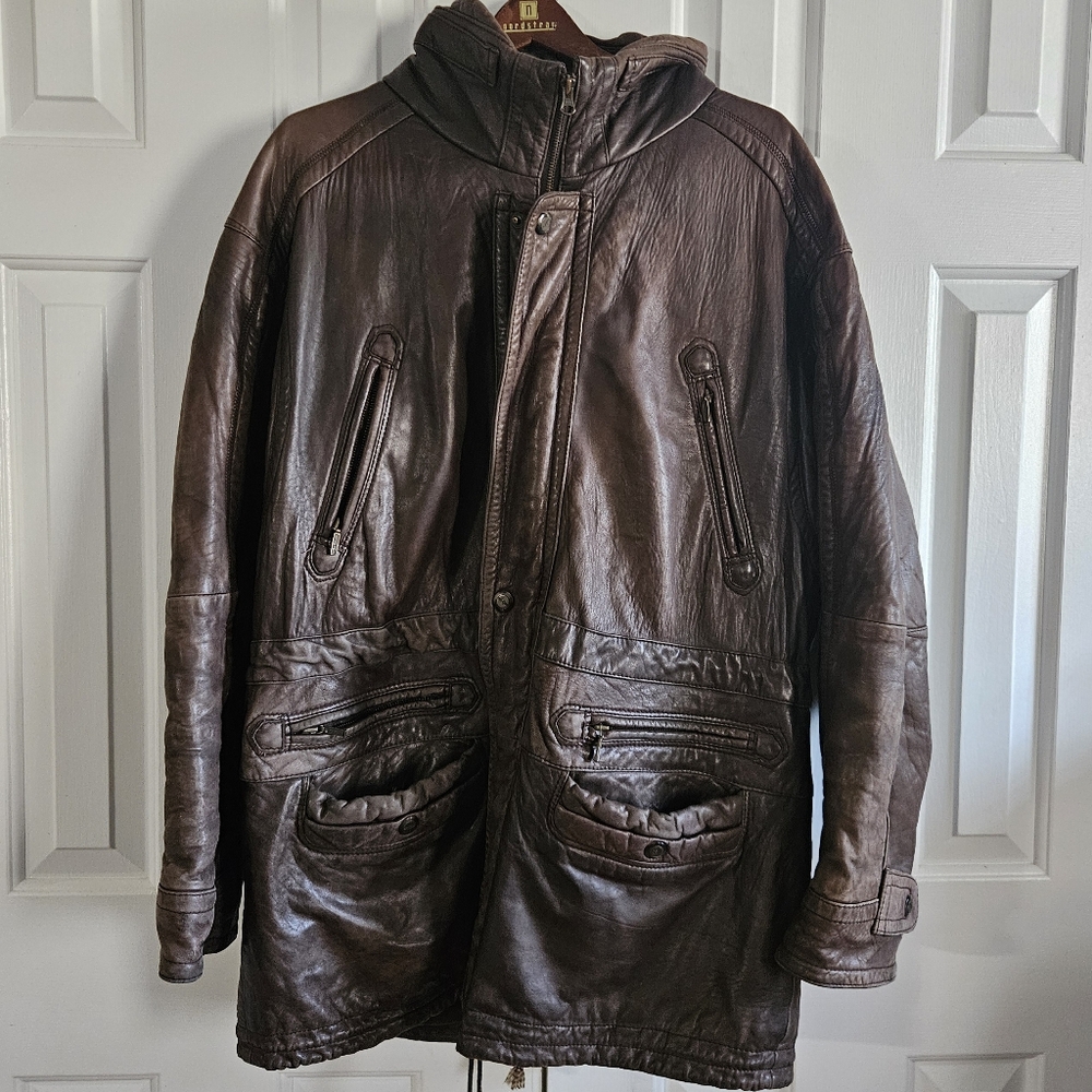 Mens VTG Leather Jacket L Y2K Funnel Collar Brown Broken In Insulated Grunge